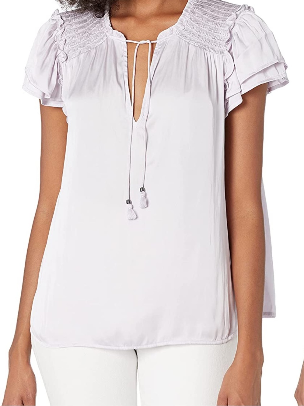 Paige Thistle Laramie Top
Blouse Sz L Lavender V-neck
Satin Cap Sleeves Ruffles